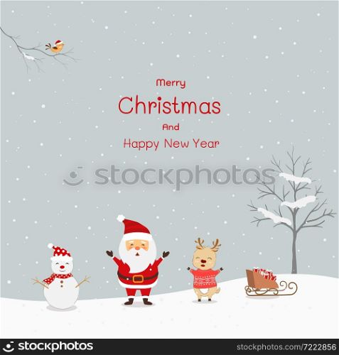 Merry Christmas and Happy New Year.Santa Claus,reindeer and snowman happy in snow scene,vector illustration