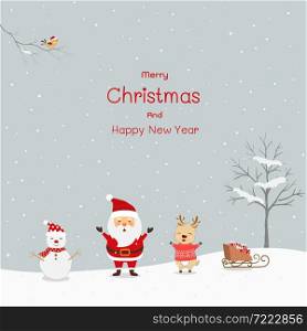 Merry Christmas and Happy New Year.Santa Claus,reindeer and snowman happy in snow scene,vector illustration