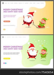 Merry Christmas and happy New Year Santa Claus with elf vector. Winter character with helper standing under snowfall, riding sleigh together holidays. Merry Christmas and Happy New Year Santa Claus