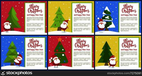 Merry Christmas and happy New Year, Santa Claus, with note, present and list, jumping character, and evergreen tree set, vector illustration. Merry Christmas and Santa Set Vector Illustration