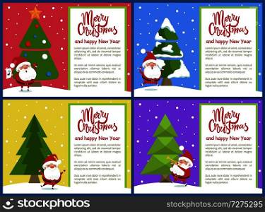 Merry Christmas and happy New Year, Santa Claus, with note, present and list, jumping character, and evergreen tree set, vector illustration. Merry Christmas and Santa Set Vector Illustration