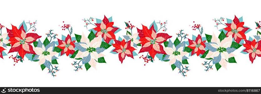Merry Christmas and Happy New Year seamless long border pattern decoration background with cute poinsettia flower, leaf and elderberry fruits garland design