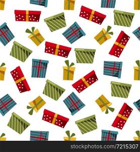Merry Christmas and Happy New Year seamless pattern. Colorful multicolored cardboard gift boxes on a white background. Vector.