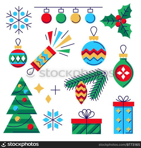 Merry Christmas and Happy New Year set. Holiday winter seasonal objects. Celebration design.. Merry Christmas and Happy New Year set. Holiday winter seasonal objects.