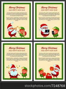 Merry Christmas and happy New Year, set of banners with Santa Claus and elf activities, text sample and letterings, frames vector illustration. Merry Christmas Set of Banners Vector Illustration