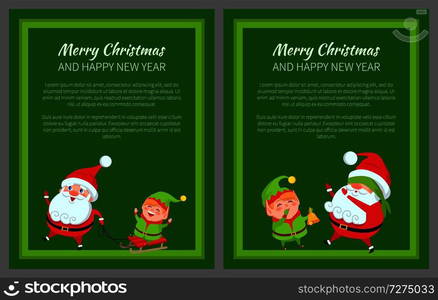 Merry Christmas and happy New Year set of cards with text s&le and Santa Claus with elf, frames vector illustration isolated on green backgrounds. Merry Christmas and Happy New Year Set of Cards