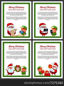 Merry Christmas and happy New Year set of cards with text sample and Santa Claus with elf, frames vector illustration isolated on white backgrounds. Merry Christmas and Happy New Year Set of Cards