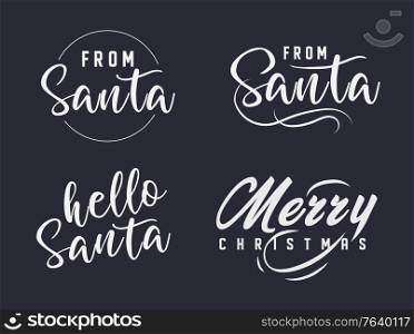Merry Christmas and happy New Year set with lettering typographic compositions for the poster and greeting card. Calligraphy for winter holiday. Vector illustration. Merry Christmas and happy New Year set with lettering typographic compositions for the poster and greeting card. Calligraphy for winter holiday. Vector