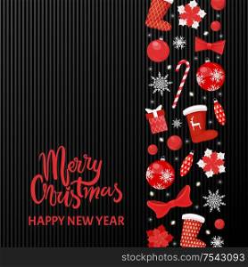 Merry Christmas and happy New Year symbolic icons on black vector. Presents decorated by bows, candy lollipop sweets dessert, ribbons and snowflake. Merry Christmas and Happy New Year Symbolic Icons
