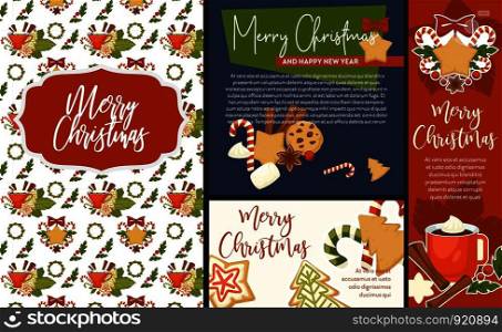 Merry Christmas and happy New Year symbolic images vector cup with hot beverage and cinnamon sticks aromatic species cookies made of gingerbread and mistletoe plant with marshmallow melting.. Merry Christmas and happy New Year symbolic images vector cup with hot beverage and cinnamon sticks aromatic species cookies