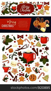 Merry Christmas and happy New Year symbolic images vector cup with hot beverage and cinnamon sticks aromatic species cookies made of gingerbread and mistletoe plant with marshmallow melting.. Merry Christmas and happy New Year symbolic images vector cup with hot beverage and cinnamon sticks aromatic species cookies