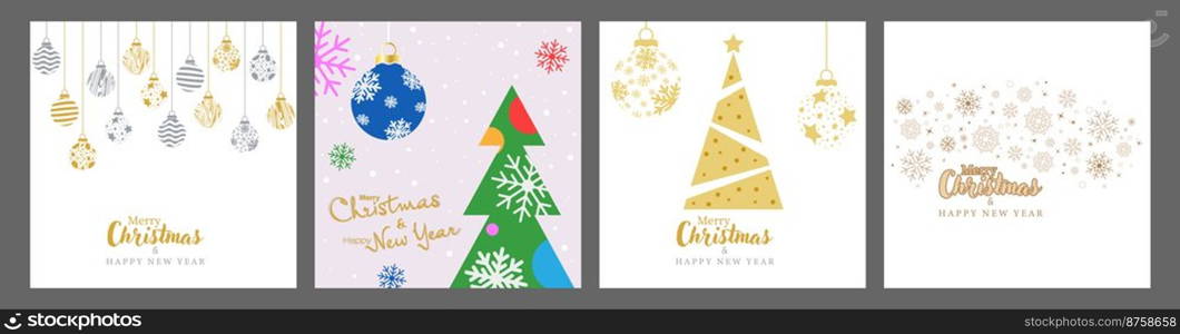 Merry Christmas and Happy New Year. Template for greetings, banners, posters, postcards and holiday invitations. Modern design with festive balloons, snow and snowflakes