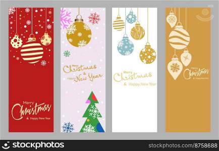 Merry Christmas and Happy New Year. Template for greetings, banners, posters, postcards and holiday invitations. Modern design with festive balloons, snow and snowflakes