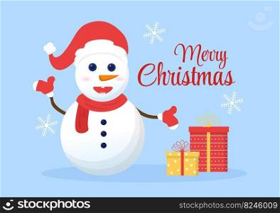 Merry Christmas and Happy New Year Template Hand Drawn Cartoon Background Illustration with Snowflakes, Snowman, Tree, Gift and Winter Landscape