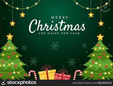 Merry Christmas and Happy New Year Template Hand Drawn Cartoon Flat Background Illustration with Snowflakes, Bells, Tree, Gift and Decorations Design