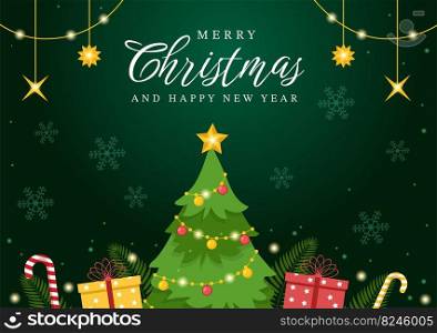 Merry Christmas and Happy New Year Template Hand Drawn Cartoon Flat Background Illustration with Snowflakes, Bells, Tree, Gift and Decorations Design