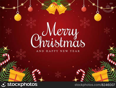 Merry Christmas and Happy New Year Template Hand Drawn Cartoon Flat Background Illustration with Snowflakes, Bells, Tree, Gift and Decorations Design