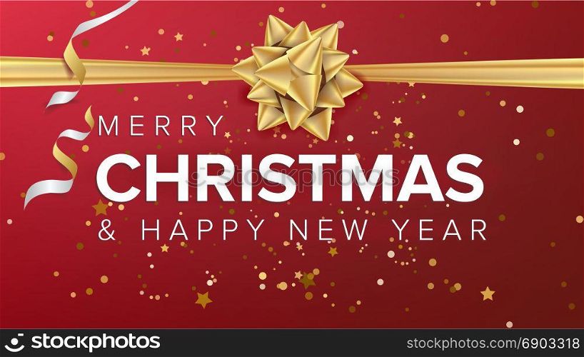 Merry Christmas And Happy New Year Text Vector. Christmas Greeting Card, Poster, Brochure, Flyer Template Design. Party Banner Illustration. Merry Christmas And Happy New Year Vector. Christmas Greeting Card. Realistic Bow. Xmas Modern New Year Poster, Flyer Design. Event Holiday Illustration