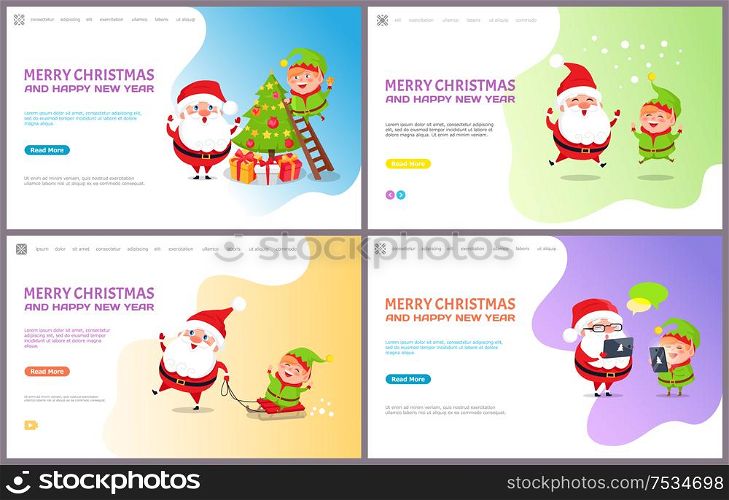 Merry Christmas and happy New Year, tree and Santa. Vector huge xmas spruce decorated by toys. Father Frost and joyful Elf riding on sleigh or toboggans. Greeting Major Card with Christmas Tree and Santa
