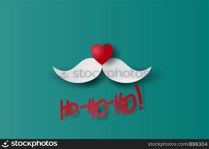 Merry Christmas and Happy New Year Typographic HO! on red Background. Santa Claus hipster beard and Heart nose with card.Vintage calligraphic minimal poster design for xmas. Paper cut and craft.vector