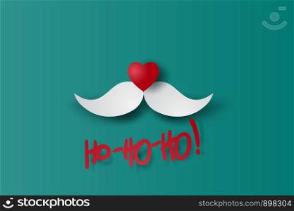 Merry Christmas and Happy New Year Typographic HO! on red Background. Santa Claus hipster beard and Heart nose with card.Vintage calligraphic minimal poster design for xmas. Paper cut and craft.vector