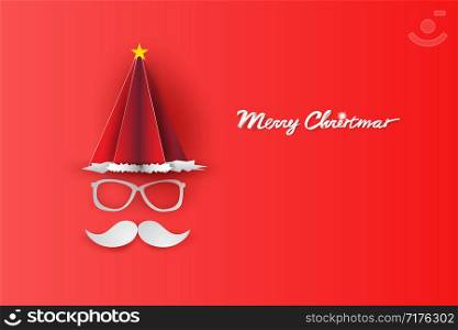 Merry Christmas and Happy New Year Typographic on red Background. Santa Claus hat hipster beard and glasses with card.Vintage calligraphic minimal poster design for xmas.paper art and craft.vector.