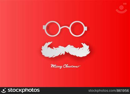 Merry Christmas and Happy New Year Typographic on red Background. Santa Claus hipster beard and glasses with card or invitation.Vintage calligraphic poster design for xmas.paper art and craft.vector.