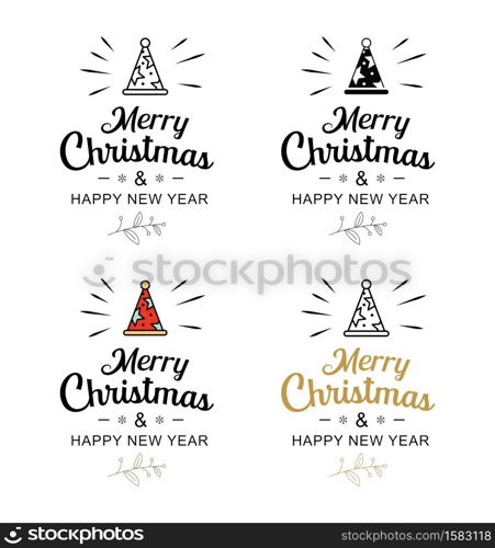 Merry christmas and happy new year typography label with symbols design set. Use for sticker, badge, crafts, greeting card.