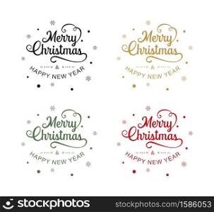 Merry christmas and happy new year typography label with symbols design set. Use for sticker, badge, crafts, greeting card.