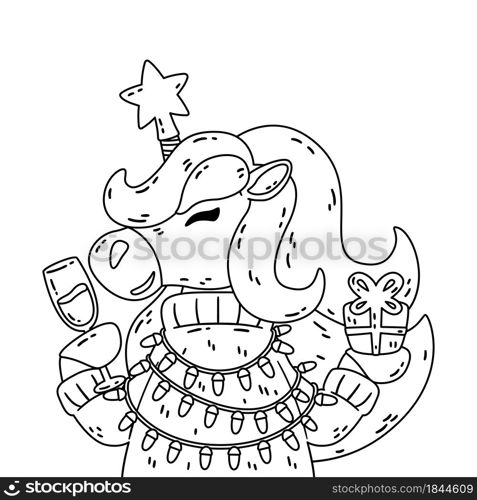 Merry Christmas and Happy new year unicorn with star glass of champagne, sweater present and light garland. Cute horse with horn and mane. Vector illustration for coloring book.