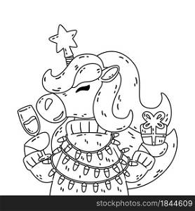 Merry Christmas and Happy new year unicorn with star glass of champagne, sweater present and light garland. Cute horse with horn and mane. Vector illustration for coloring book.