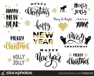 Merry Christmas and Happy New Year. Vector lettering calligraphy design with glitter elements for card, poster, brochure, flyer, web and other users.. Merry Christmas and Happy New Year. Vector lettering calligraphy