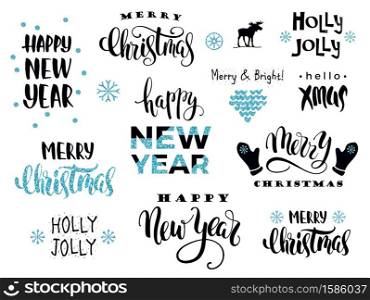 Merry Christmas and Happy New Year. Vector lettering calligraphy design with glitter elements for card, poster, brochure, flyer, web and other users. Merry Christmas and Happy New Year. Vector lettering calligraphy