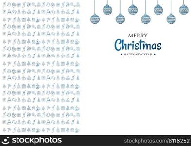 Merry Christmas and happy new year vector poster or greeting card design with hand drawn doodles elements. Present box and balls. Xmas banner with silver and blue gradient. 