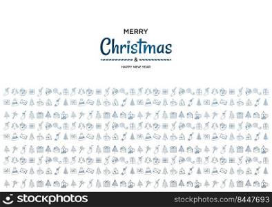 Merry Christmas and happy new year vector poster or greeting card design with hand drawn doodles elements.  Xmas banner with blue gradient. 