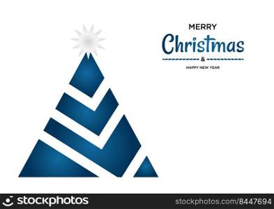 Merry Christmas and happy new year vector poster or greeting card design with geometric christmas tree and inscription decorated. Xmas banner with silver and blue gradient. 