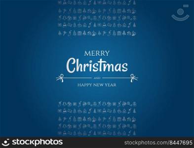 Merry Christmas and happy new year vector poster or greeting card design with hand drawn doodles elements.  Xmas banner with silver gradient on blue background. 