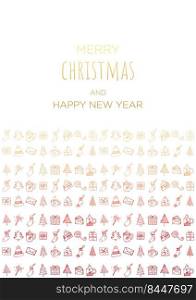 Merry Christmas and happy new year vector poster or greeting card design with hand drawn doodles elements. Xmas banner with gold and red gradient. 