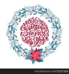 Merry Christmas and Happy New Year vector scandinavian calligraphic vintage text. Winter Wreath with xmas phrase. Greeting card template with vintage style elements Doodle Illustration.. Merry Christmas and Happy New Year vector scandinavian calligraphic vintage text. Winter Wreath with xmas phrase. Greeting card template with vintage style elements Doodle Illustration