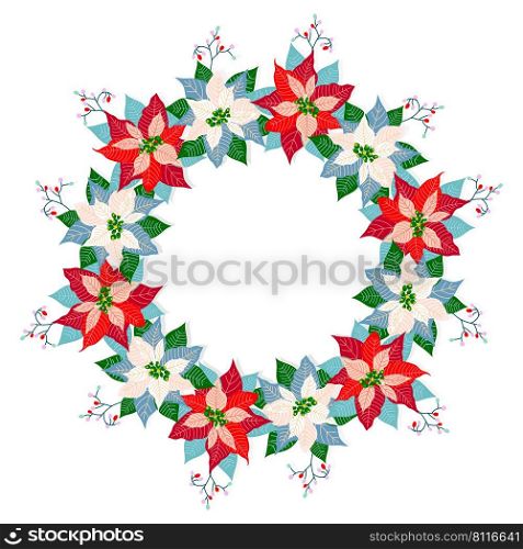 Merry Christmas and Happy New Year vintage wreath with winter flowers, poinsettia, berries 