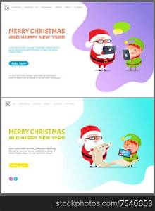 Merry Christmas and happy New Year web page set vector. Santa Claus with elf helper checking list of children to get gifts, chatting on laptop phone. Merry Christmas and Happy New Year Web Page Set