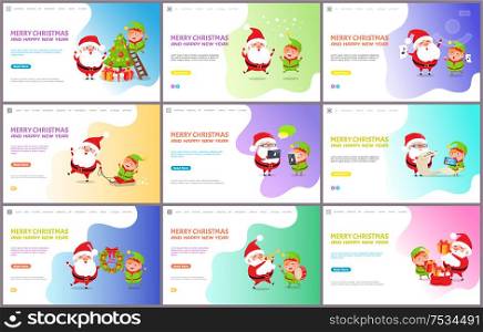 Merry Christmas and happy New Year, winter holidays vector. Santa Claus decorating evergreen pine tree with elf, carrying presents for children wreath. Merry Christmas and Happy New Year Winter Holiday