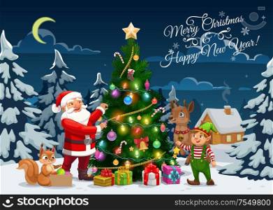 Merry Christmas and Happy New Year, winter holidays vector calligraphy greeting. Santa, elf and reindeer with squirrel decorating Christmas tree with Xmas lights, golden bell, gifts and ball ornaments. Santa, elf and reindeer decorating Christmas tree