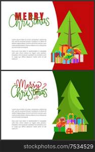 Merry Christmas and happy New Year wishes, lettering inscriptions samples. Postcard with green Xmas trees with cones, presents in decorative wrappings. Wishes of Happy New Year Merry Christmas Lettering