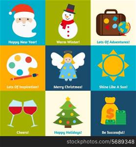 Merry christmas and happy new year wishes mini post card set isolated vector illustration