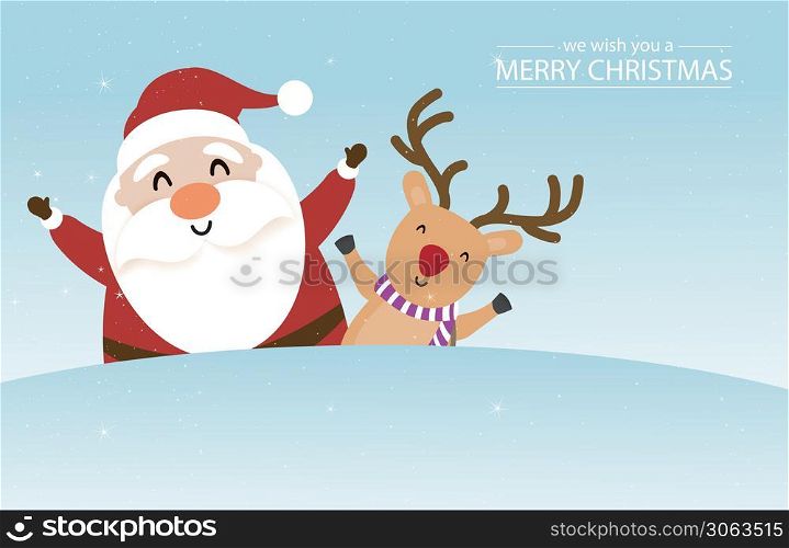 Merry Christmas and happy new year with cute Santa Claus and reindeer in green background. Holidays cartoon character vector