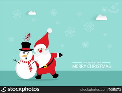 Merry Christmas and happy new year with cute Santa Claus,rat and snowman in green background. Holidays cartoon character vector.