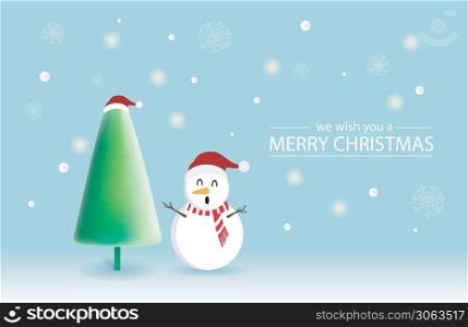 Merry Christmas and happy new year with cute Snowman and Christmas tree in green background. Holidays cartoon character vector