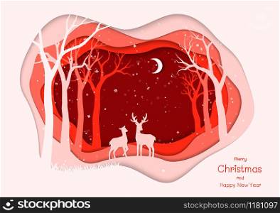 Merry Christmas and Happy new year with deer family on red winter night background,paper art style for invitation or greeting card,vector illustration