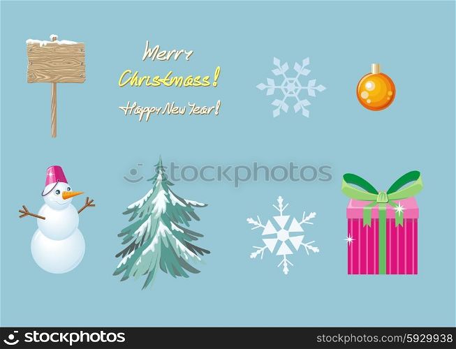 Merry christmas and happy new year. Wooden board, gift box, tree and snowflake, snowman and holiday, celebration and winter, creative banner illustration